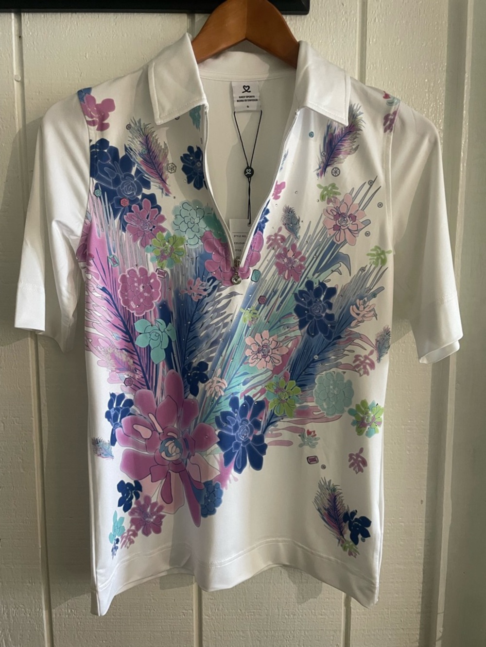 DAILY SPORTS Short Sleeve Zip Polo Floral with Rhinestones - S